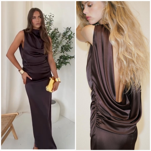 Zara Dresses & Skirts - Zara Open Back Satin Long Dress Brown